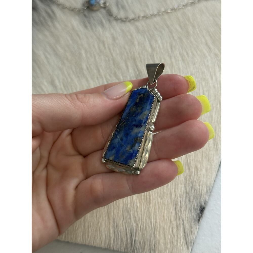 Zuni New Mexico Sterling Silver K. C. Signed Huge Lapis Lazuli Long Pendant - Picture 10 of 12